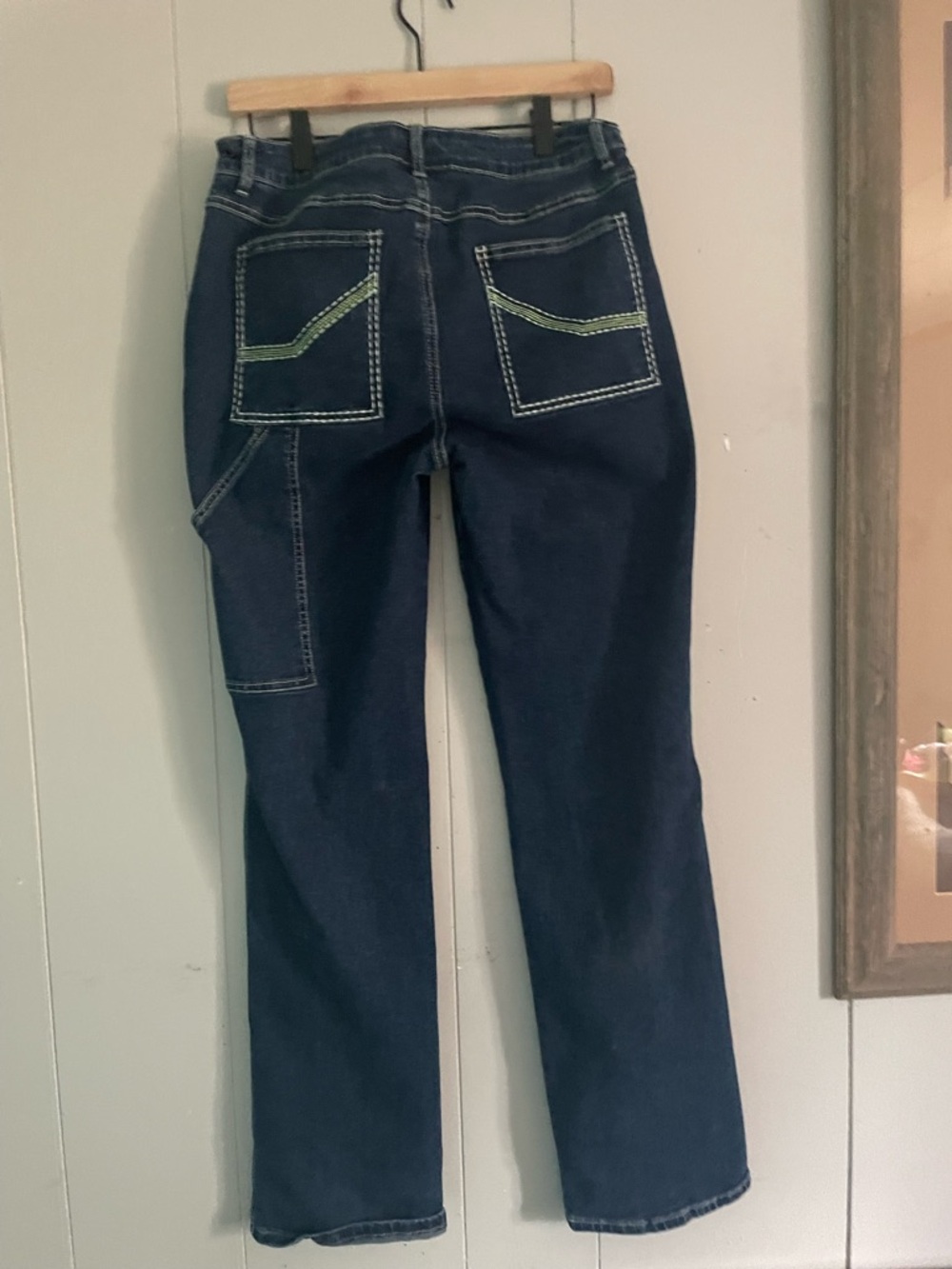 Women's Dark Blue Boot-Cut Jeans with Green Accent Stitching
